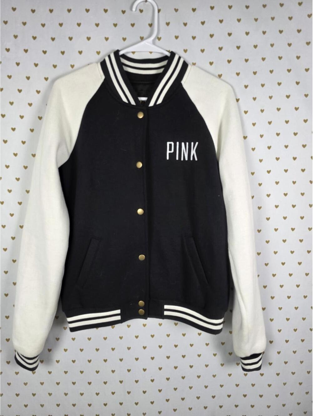 Victorias Secret Pink VARSITY Embroidered Jacket Coat Button Front Thick SMALL